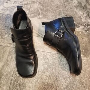 Vintage 90s y2k Bratz Black Leather Square‎ Toe Chunky Heel Buckle Boots Booties